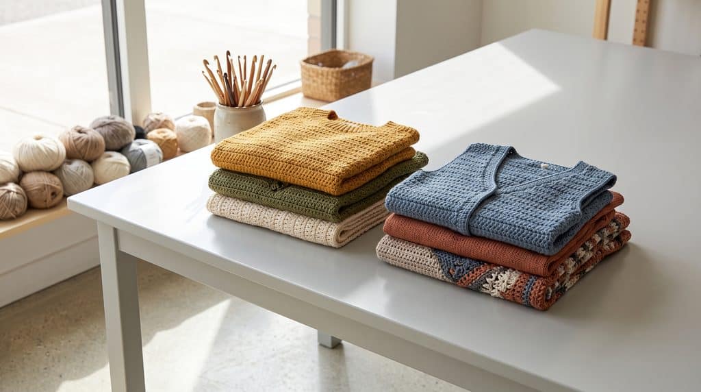 Pilha de roupas limpas e dobradas sobre uma mesa de madeira