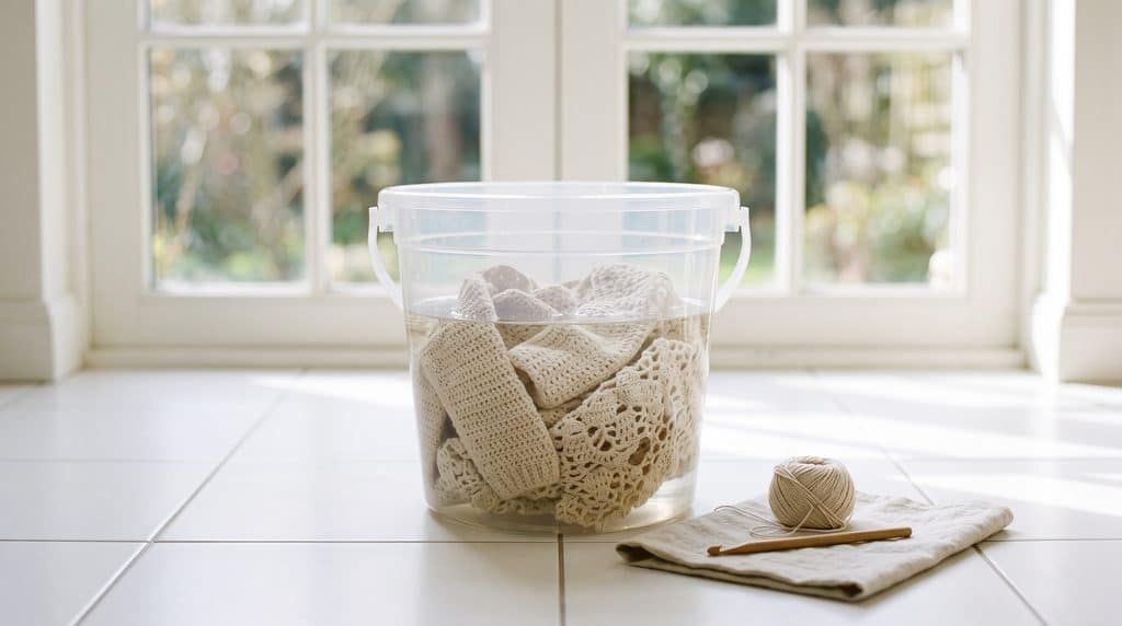 Um balde contendo água e vinagre branco para o molho de desinfecção das roupas