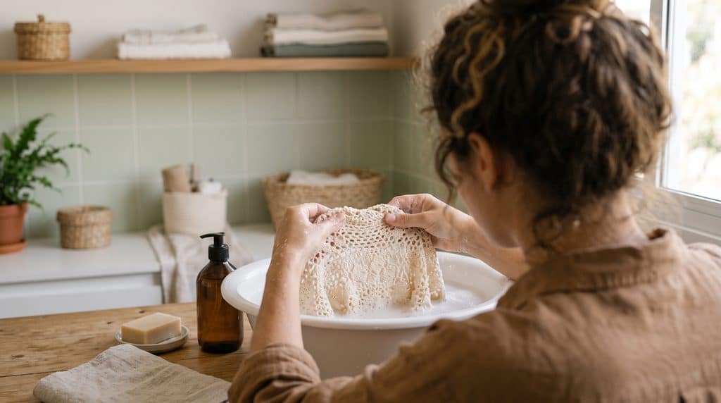 Artesã lavando uma blusa de crochê à mão em uma bacia com água e sabão neutro