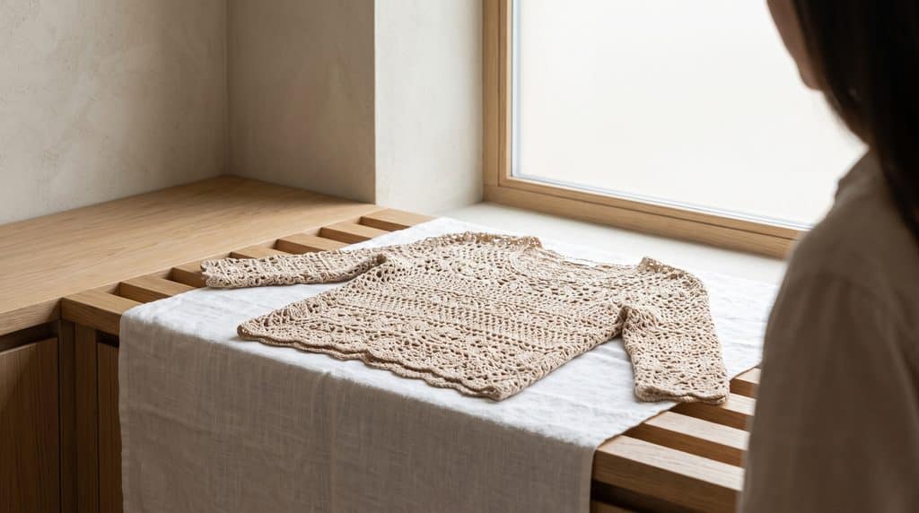 Blusa de crochê secando esticada horizontalmente sobre uma toalha limpa