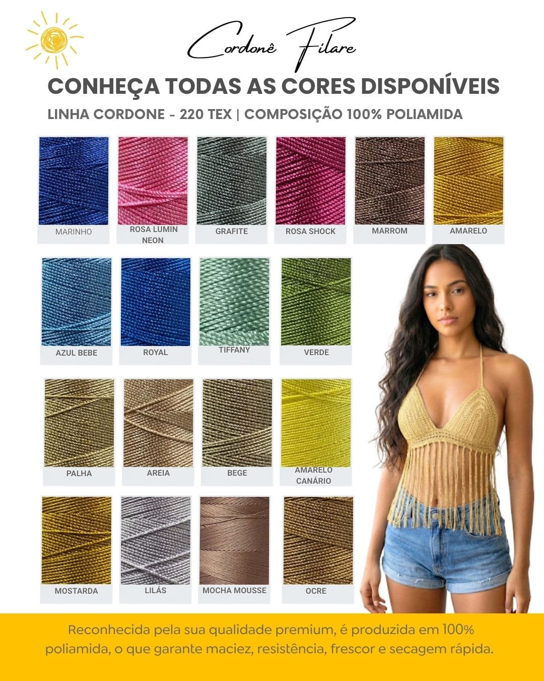 Catálogo de cores linha Cordonê Filare 100% poliamida para crochê - tons neutros e vibrantes.