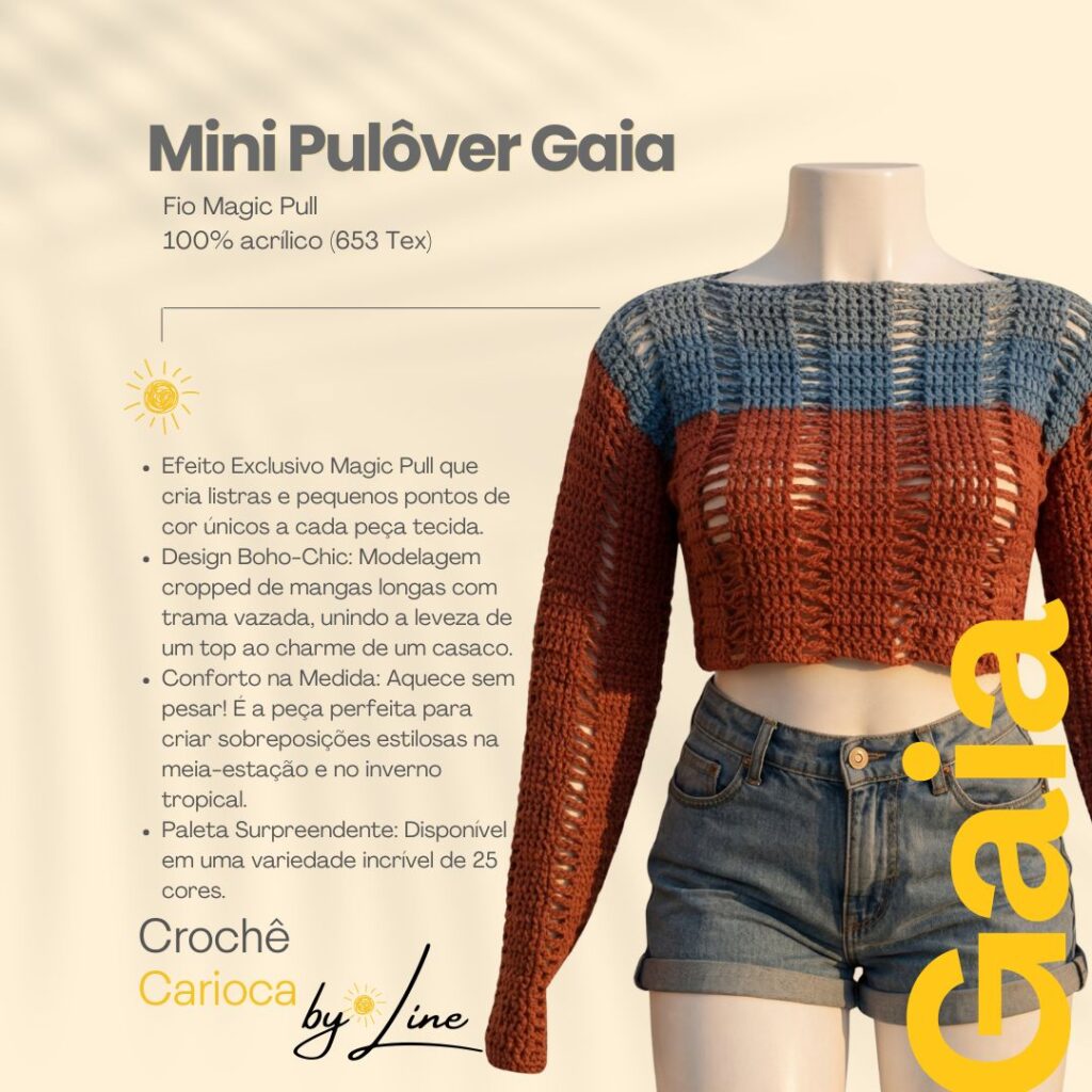 Mini Pulôver Gaia de Crochê em tons azul e terracota feito com fio magic pull da marca Crochê by Line
