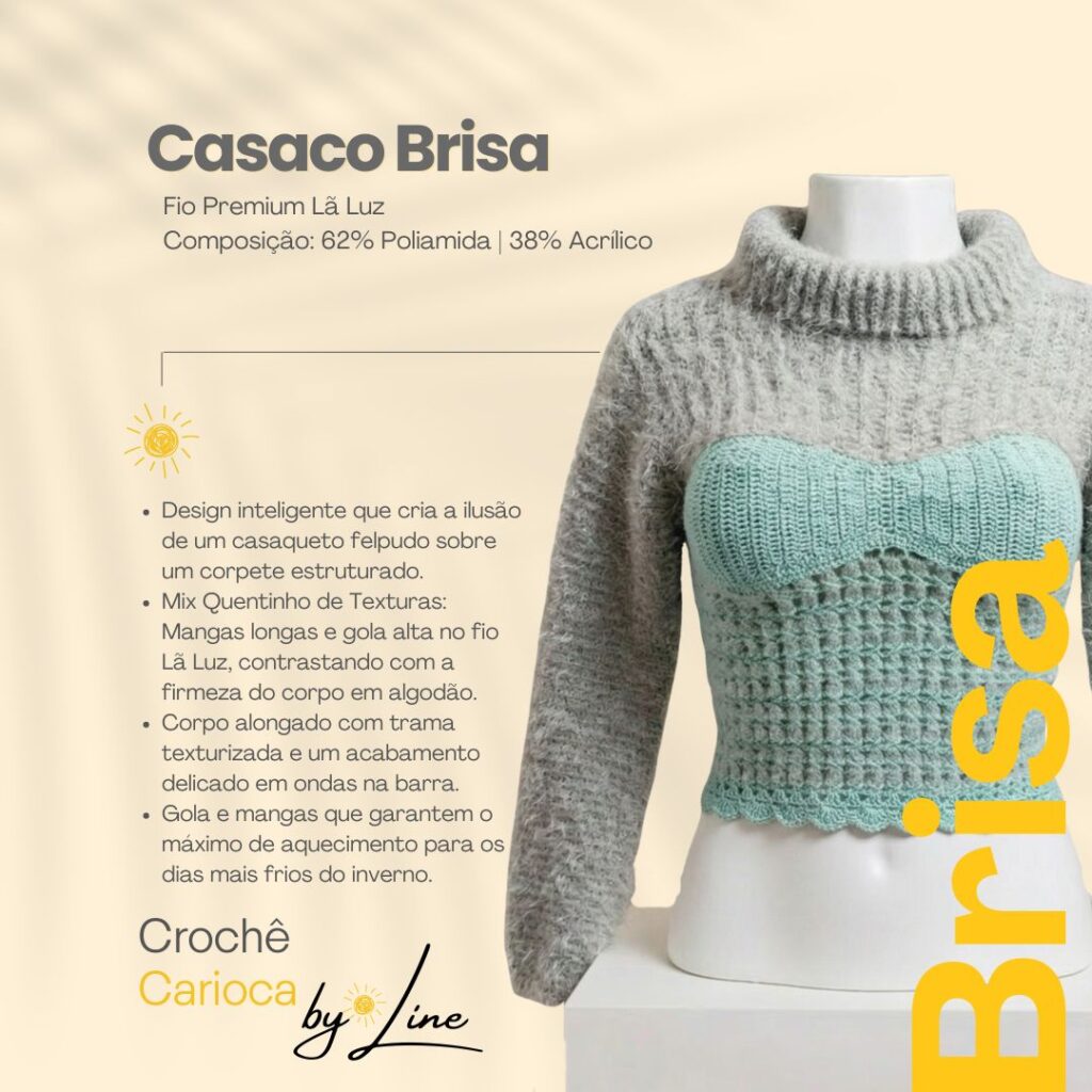 Casaco Brisa de Crochê manga longa cinza com corpo verde menta estruturado da marca Crochê by Line
