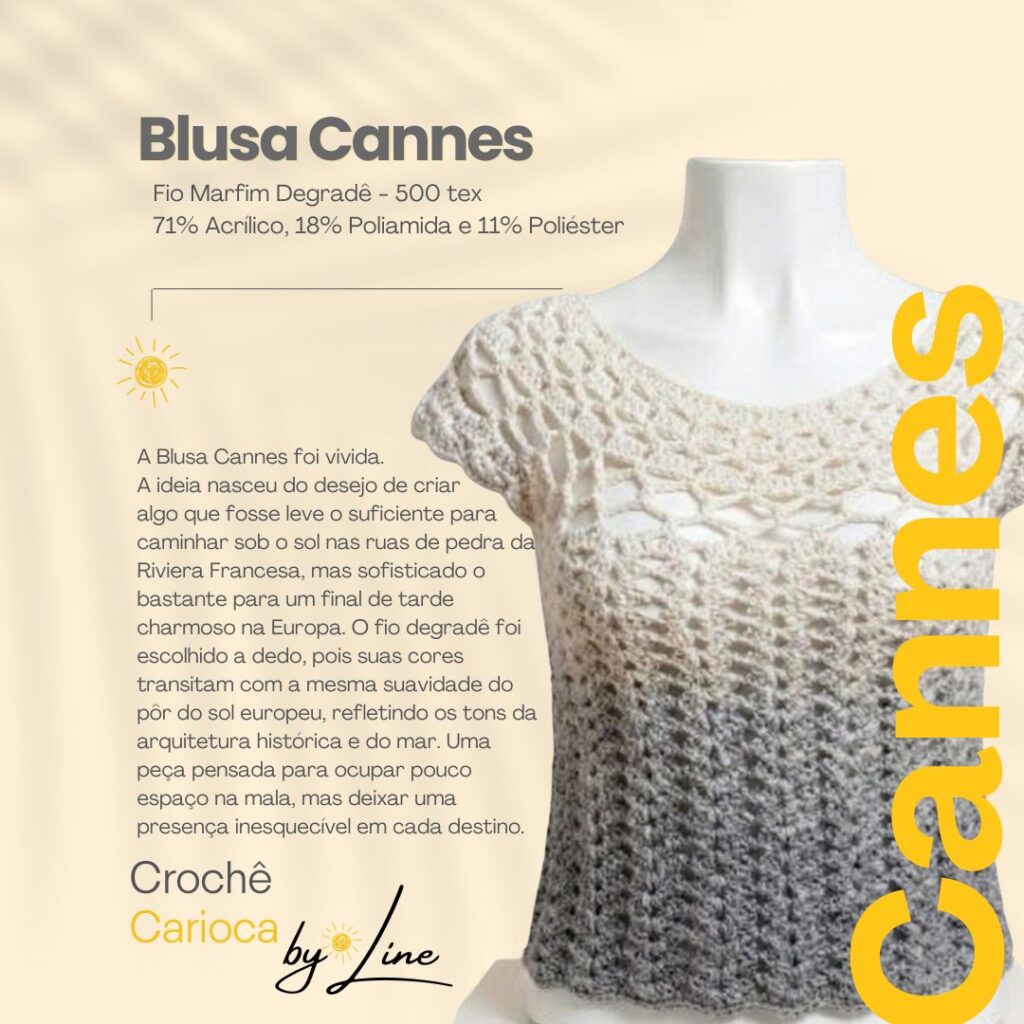 Aline da Crochê by Line usando a Blusa Cannes de Crochê degradê em frente a uma torre de pedra na França