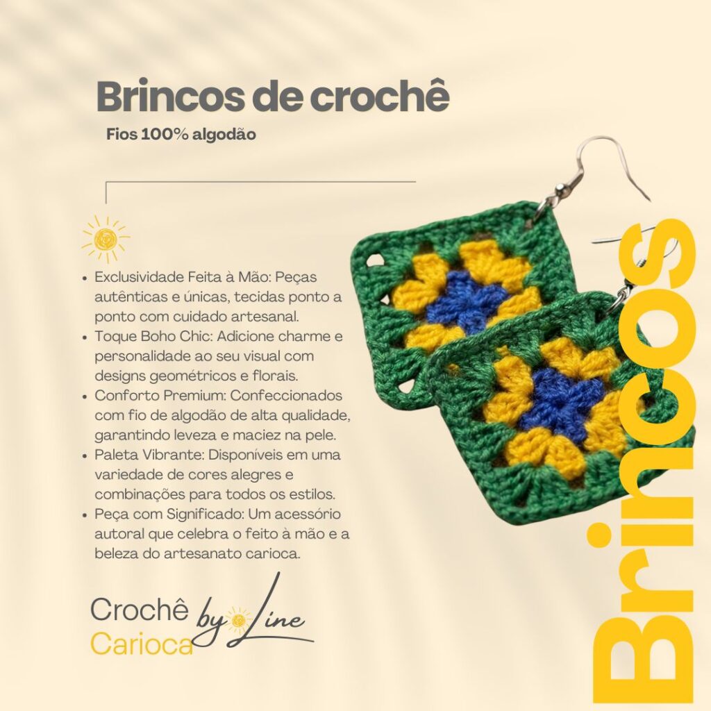 Par de brincos de crochê estilo granny square nas cores verde, amarelo e azul com fecho de metal anzol.