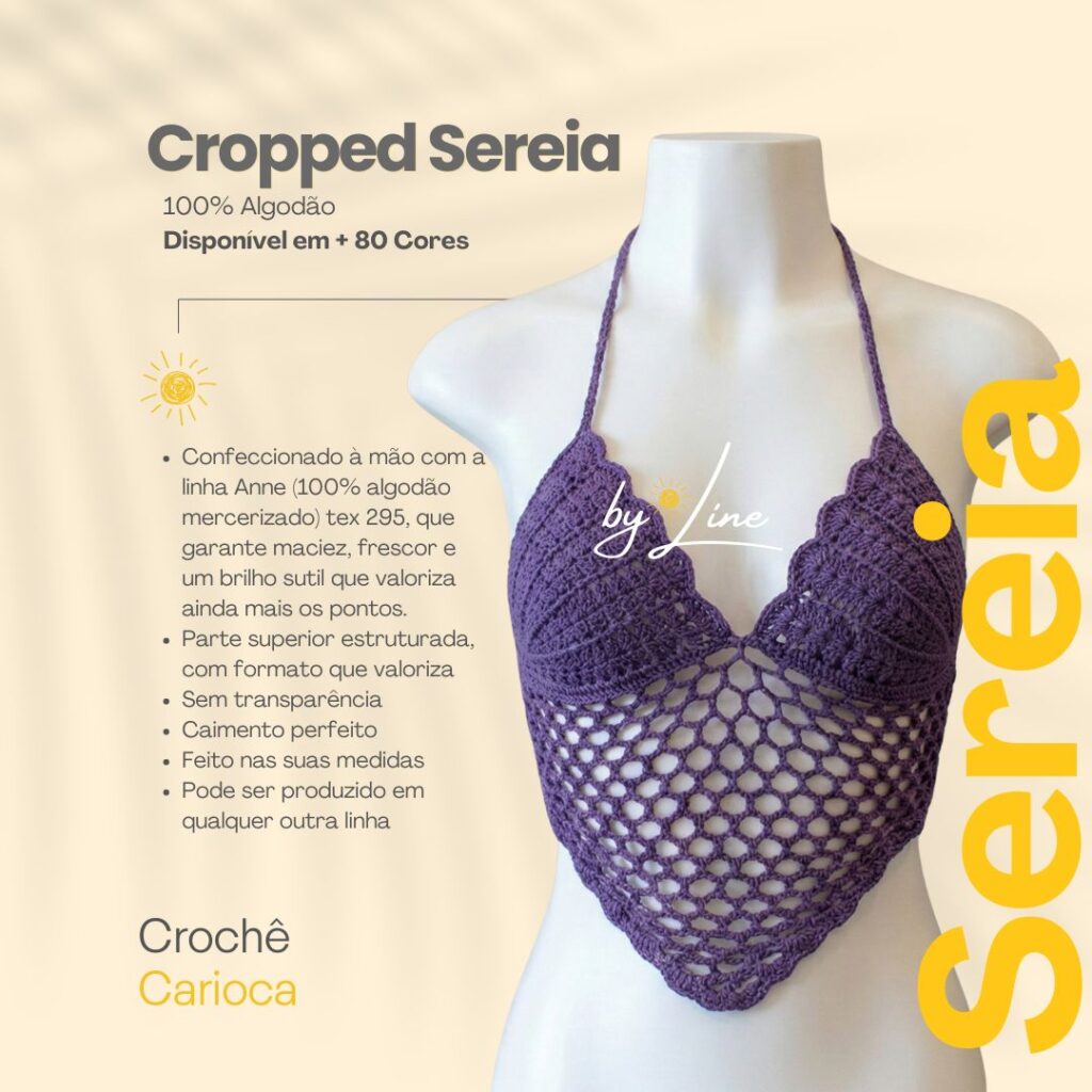 Cropped Sereia de Croche roxo sem transparencia no busto da marca Croche by Line