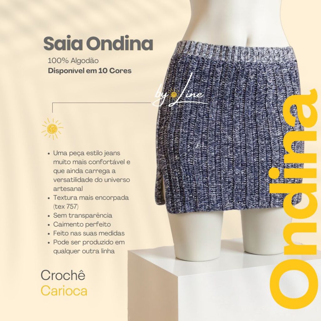 Saia Ondina de Crochê curta estilo jeans azul feita sob medida pela marca Crochê by Line
