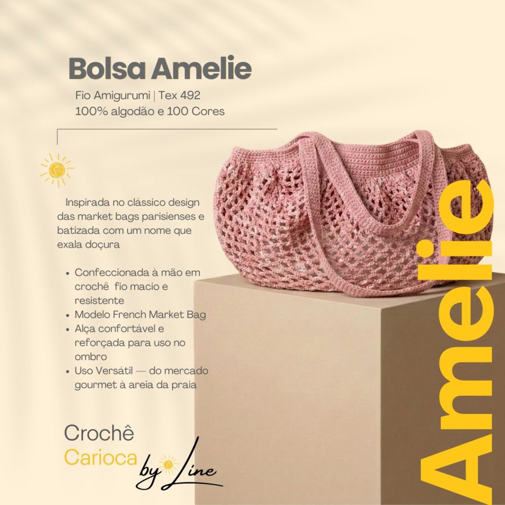 Bolsa Amelie da Crochê by Line em tom rosa antigo, modelo French Market Bag confeccionada à mão com fio Amigurumi 100% algodão.