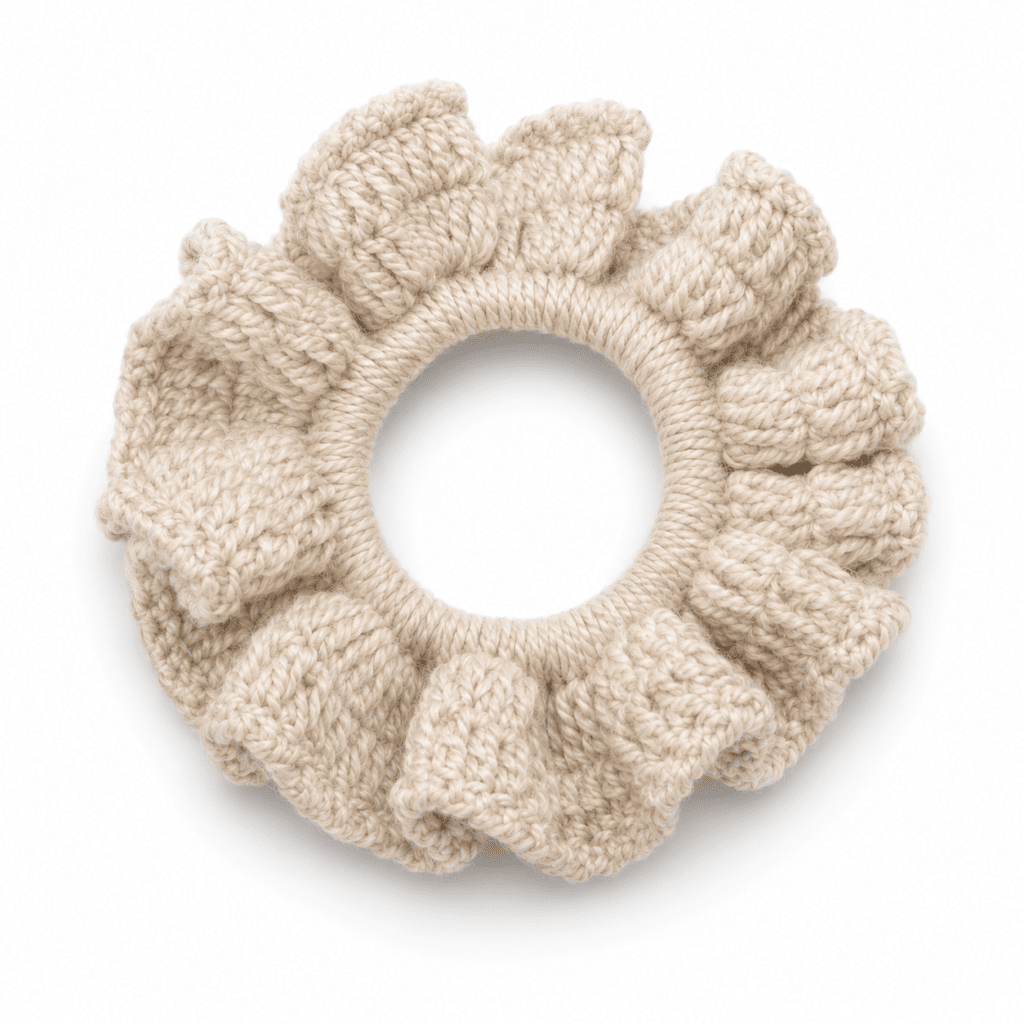 Xuxinha scrunchie de crochê em tom bege claro neutro com bordas onduladas, fundo branco.
