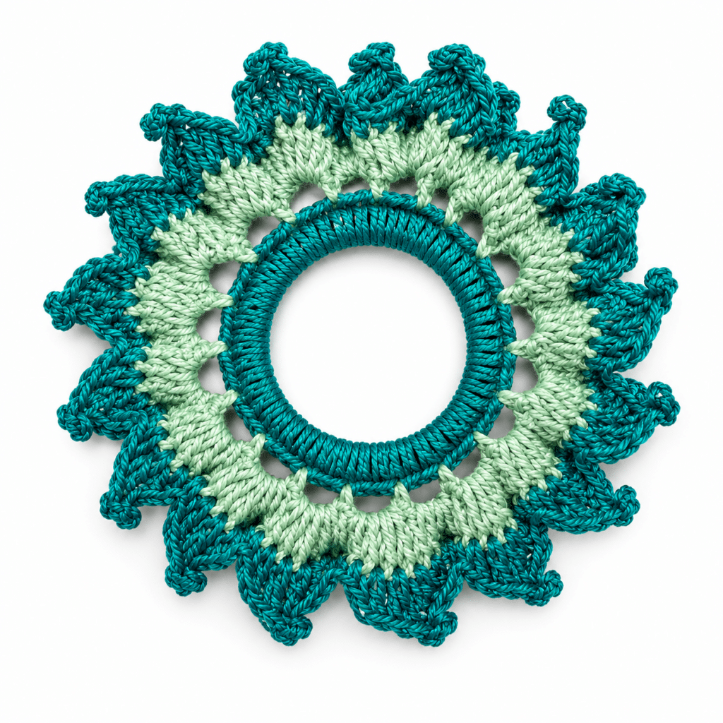 Scrunchie de crochê bicolor em tons de verde claro e verde escuro com bico trabalhado