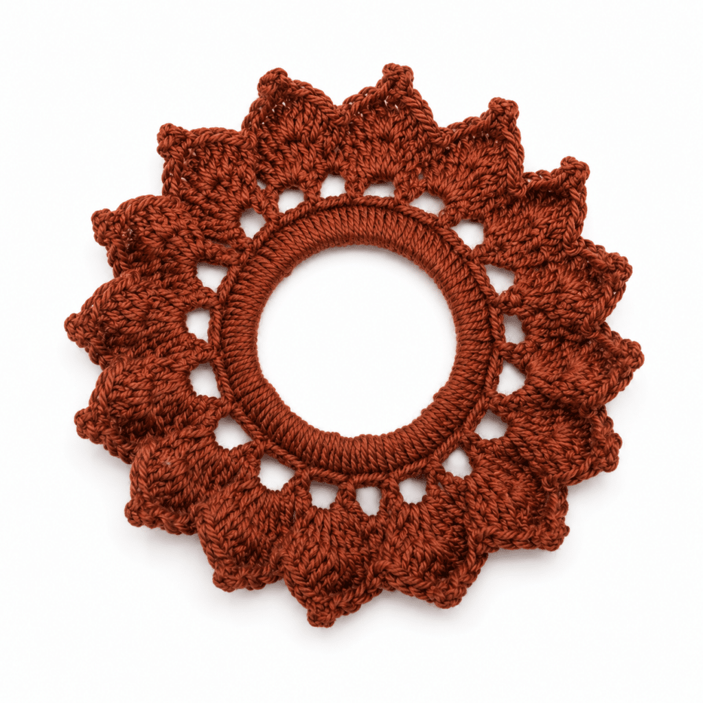 Xuxinha de cabelo tipo scrunchie em crochê na cor terracota com bordas trabalhadas
