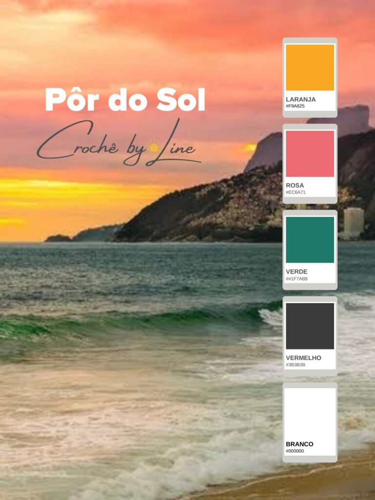 Inspiração de paleta de cores para crochê baseada num pôr do sol solar e carioca, com tons de laranja e rosa da Crochê by Line.
