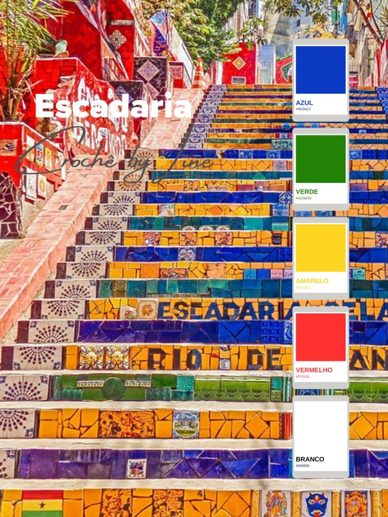 Paleta de cores vibrante inspirada na Escadaria Selarón, com tons de azul, verde e amarelo para criar combinações de cores para crochê com estética Brazilcore