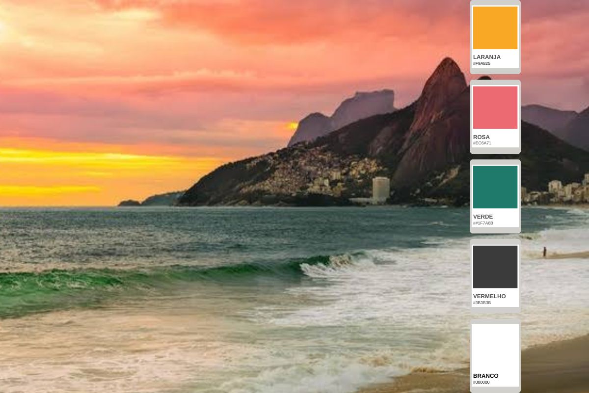 Paleta de cores inspirada num pôr do sol numa praia do Rio de Janeiro, exibindo tons de laranja, rosa e verde. Inspiração ideal para criar as melhores combinações de cores para crochê com uma estética solar e vibrante.