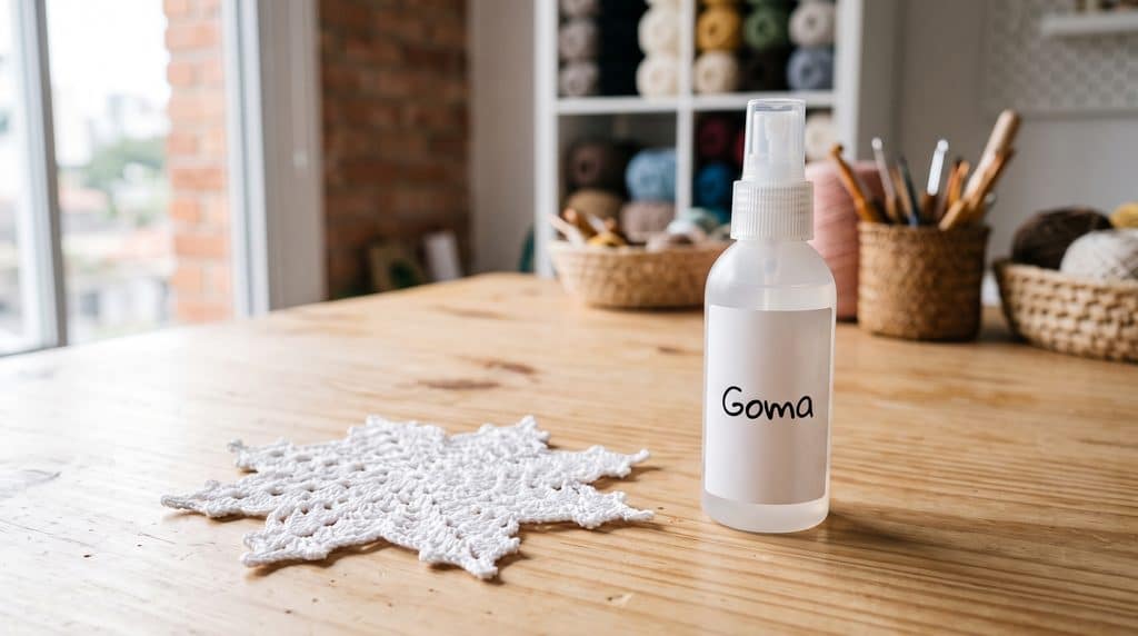 Frasco de borrifador spray com o líquido para engomar crochê ao lado de uma peça pronta na mesaFrasco spray com líquido caseiro para engomar crochê