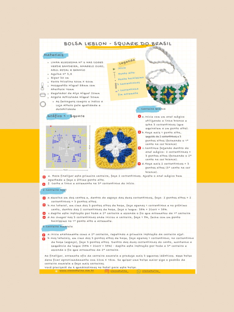 Receita Bolsa de Crochê Brasil - crochê by line - bolsa leblon verde - passo a passo rápido
