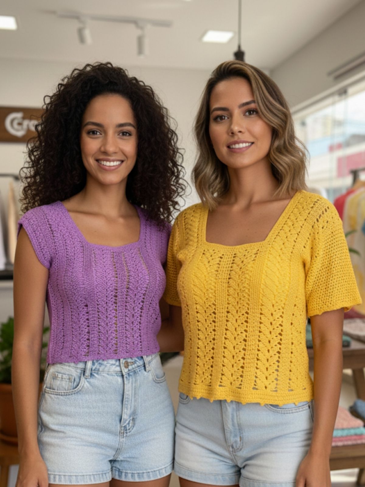 Blusa Clarice 1 Duas modelos sorrindo vestindo a Blusa Clarice de Crochê nas cores lilás com manga copinho e amarela com manga curta, da Crochê by Line.