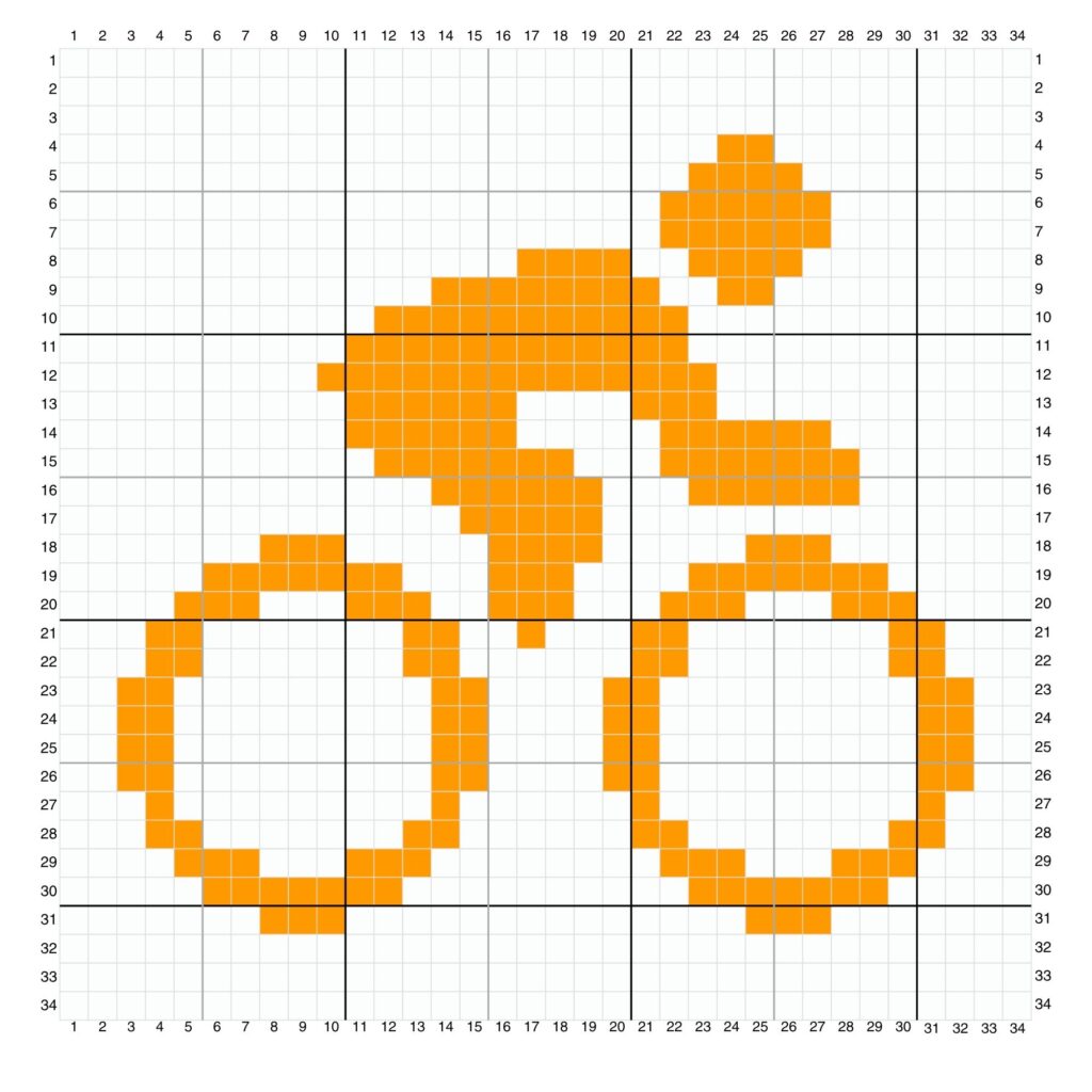 Gráfico de Pixel Art em Crochê mostrando o esquema de pontos para a silhueta de um ciclista na cor laranja.