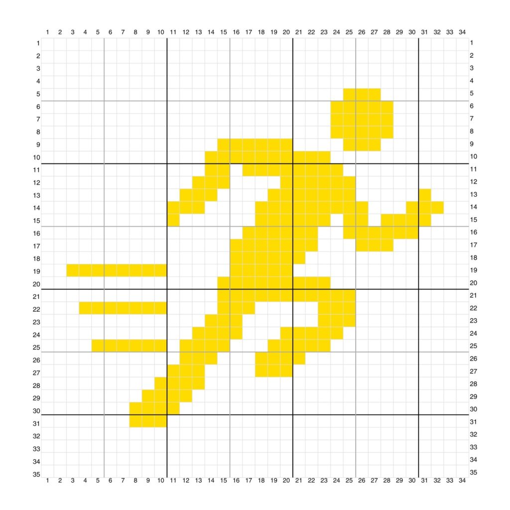 Gráfico de Pixel Art em Crochê com o desenho de um corredor em amarelo para o casaco temático.