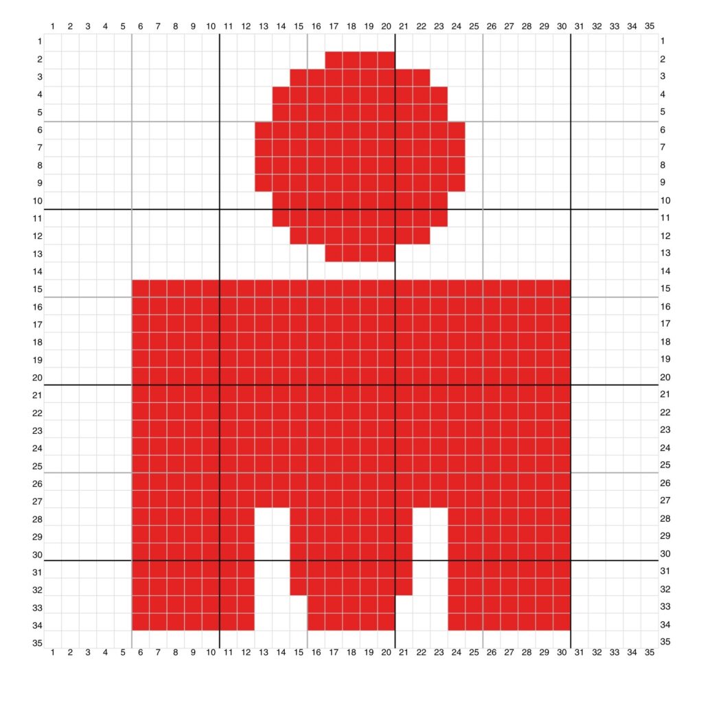 Gráfico de Pixel Art em Crochê detalhando os pontos para o logotipo M-Dot vermelho do Ironman.