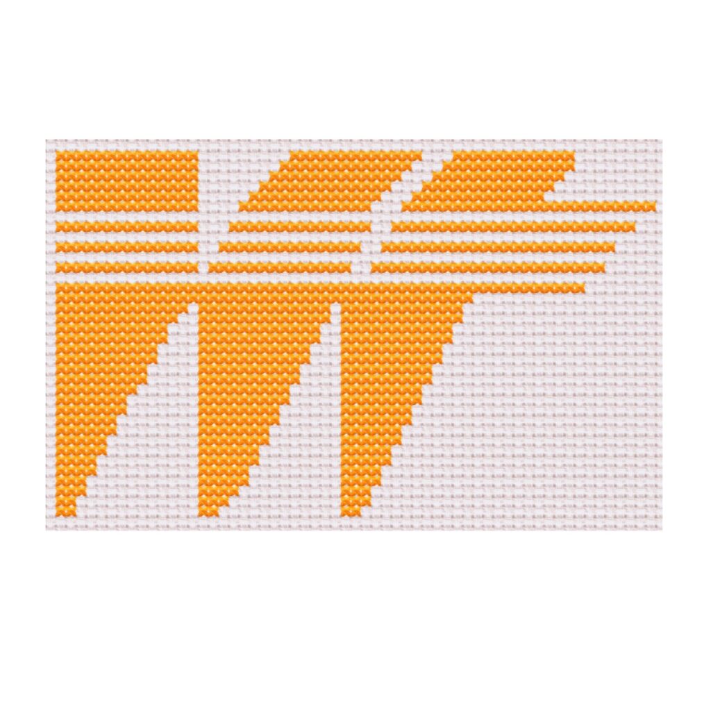 Gráfico de Pixel Art em Crochê do logotipo da assessoria Walter Tuche em laranja e branco.