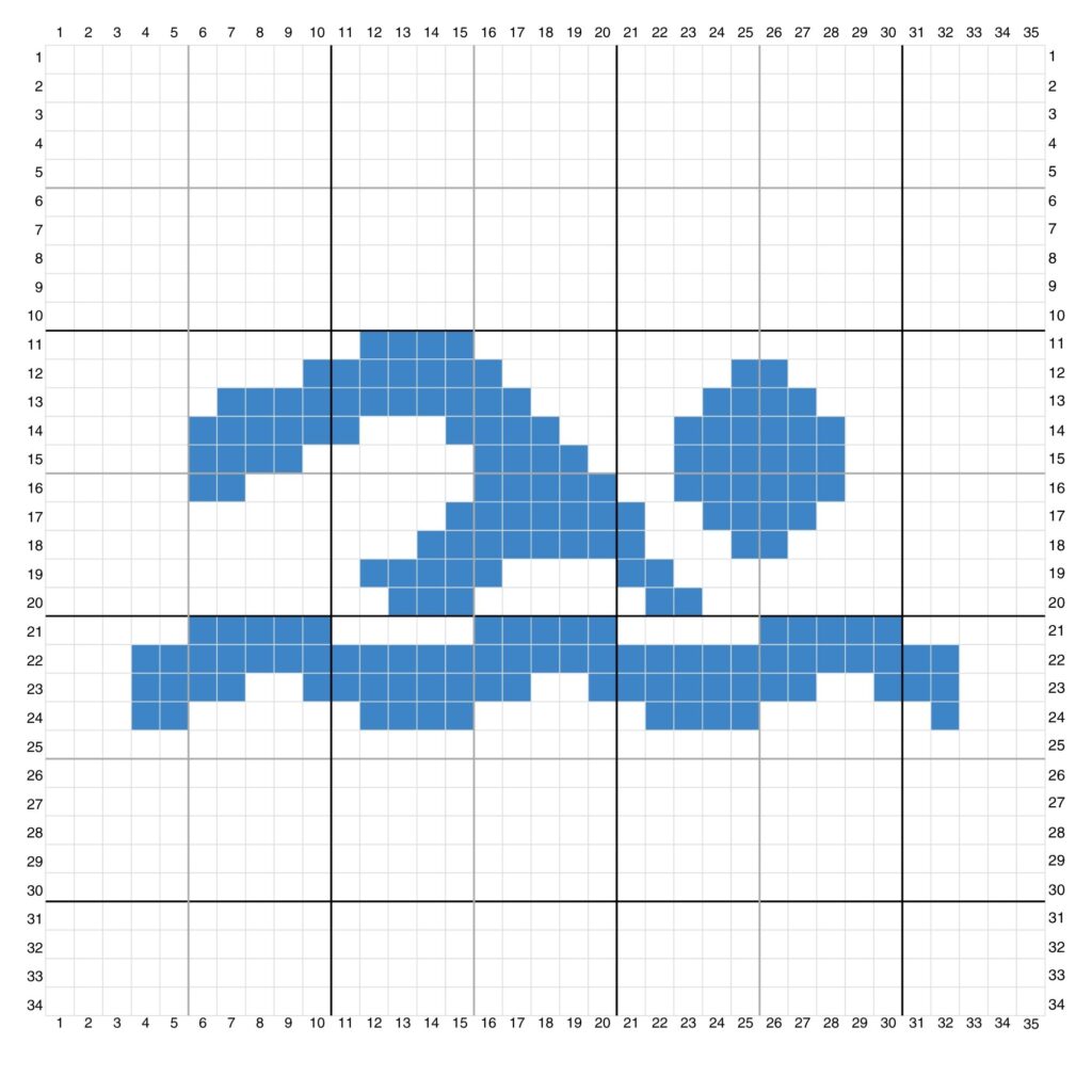 Gráfico de Pixel Art em Crochê mapeando a silhueta de um nadador na cor azul.