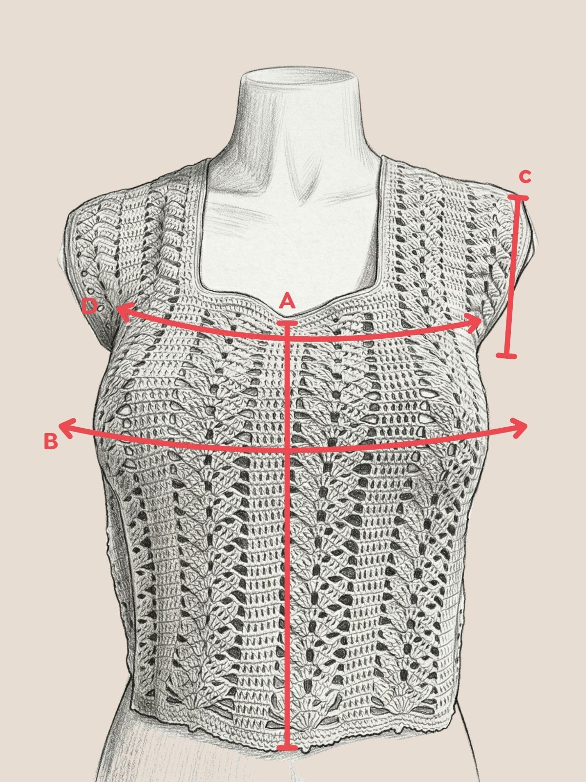 Blusa Clarice 2 Ilustração do guia de medidas ensinando como medir busto, comprimento e ombros para encomendar a Blusa Clarice de Crochê sob medida.