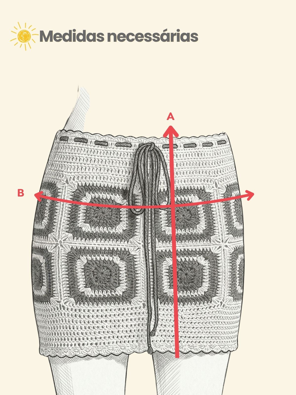 Saia Tess 2 Ilustração ensinando como tirar medidas de comprimento e quadril para encomendar a Saia Tess de Crochê sob medida
