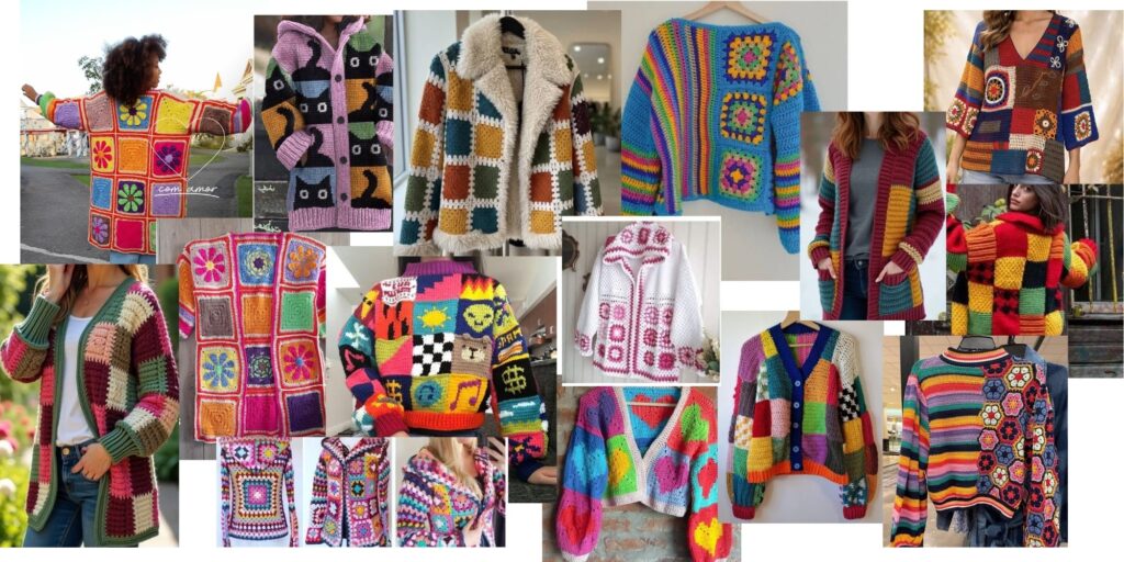 Painel de inspirações com diversos modelos de casacos e jaquetas de crochê em patchwork e granny squares super coloridos buscados na internet