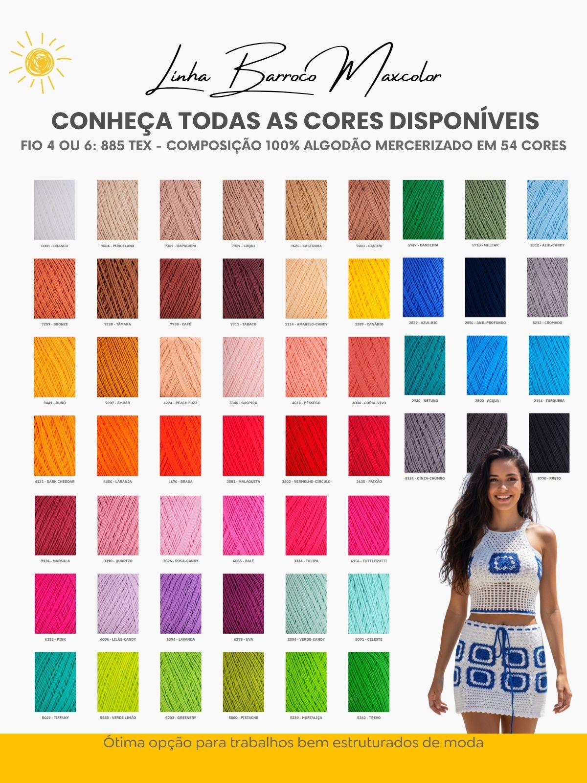 Saia Tess 4 Tabela com 54 opções de cores do fio Barroco Maxcolor 100% algodão para personalizar a Saia Tess de Crochê.