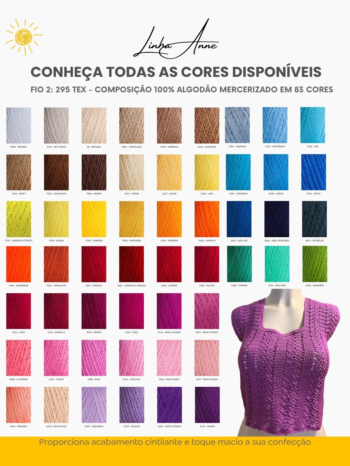 Blusa Clarice 6 Tabela de cores mescladas da Linha Anne 100% algodão mercerizado para personalização da Blusa Clarice de Crochê
