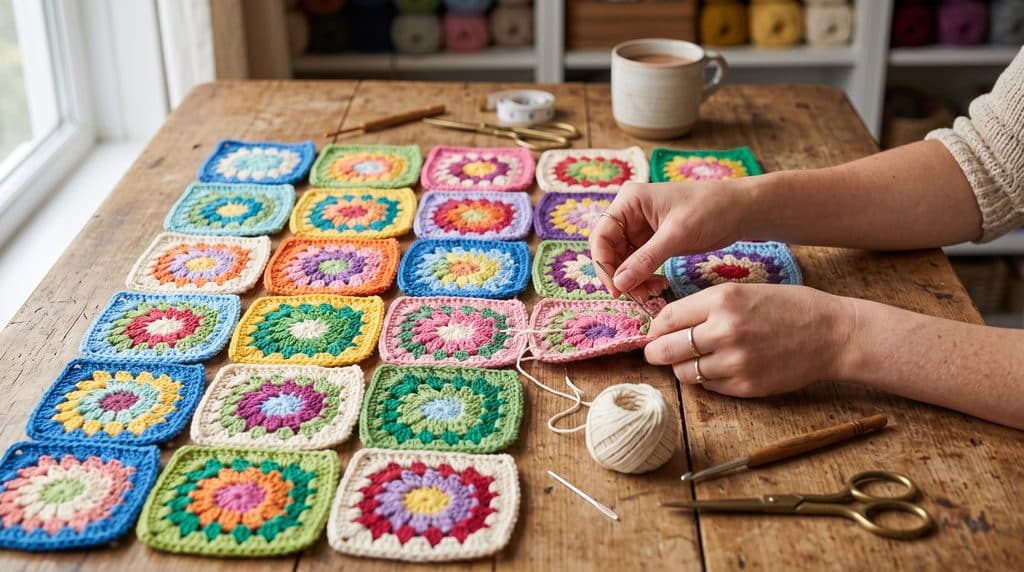 Vários quadradinhos coloridos de crochê sobre a mesa de madeira, prontos para a etapa de como unir squares de crochê