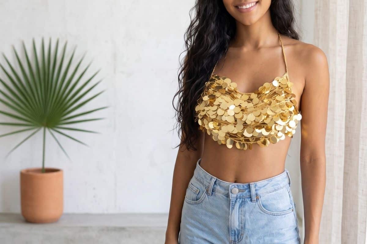 Fotografia de estúdio do Top de Paetês de Crochê dourado finalizado