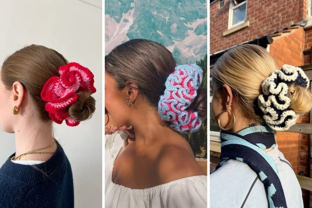 Mulher com cabelo preso por xuxinhas de crochê coloridas