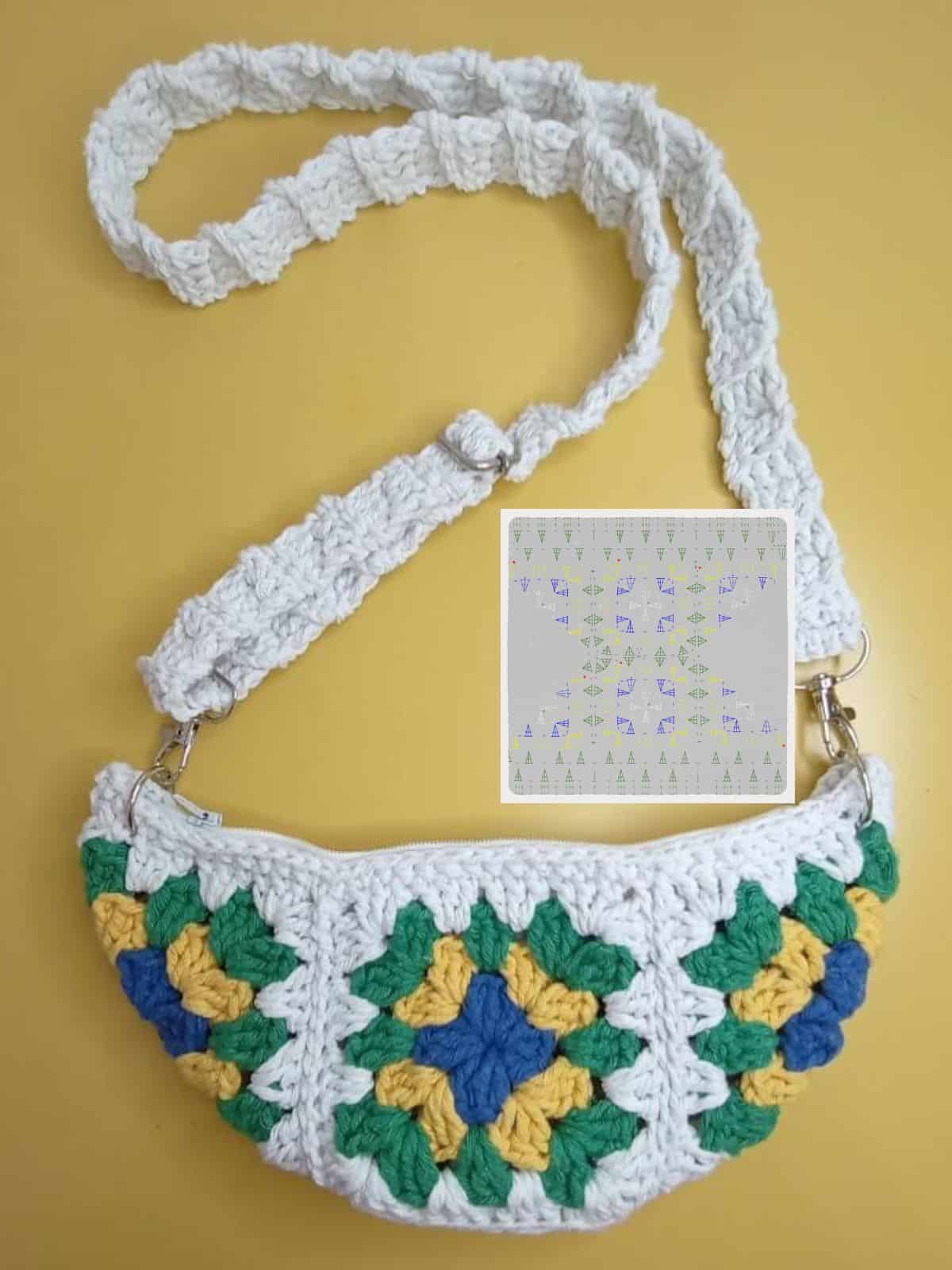 Bolsa Leblon de crochê artesanal tipo baguete, feita com granny squares nas cores do Brasil (amarelo, verde, azul e branco). A foto mostra a bolsa com alça branca e zíper, e um gráfico de união sobreposto indicando que o post inclui a Receita Express em PDF