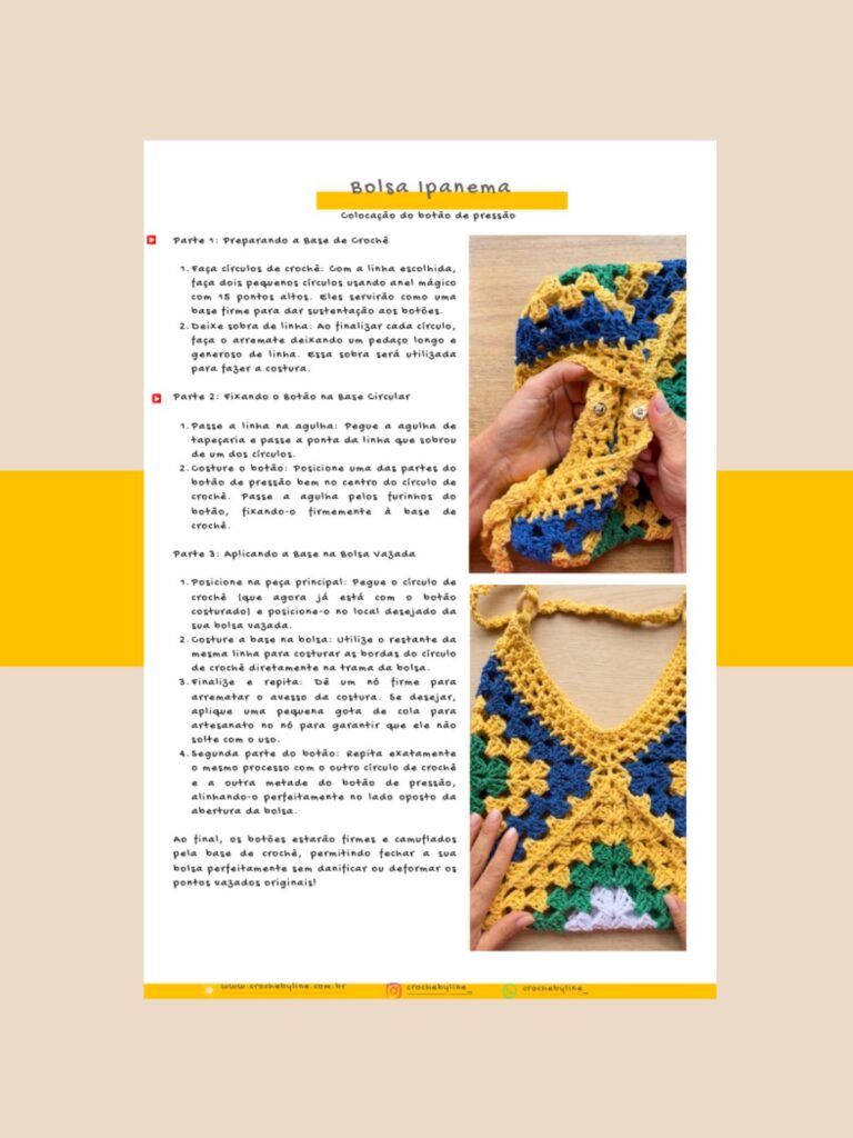 Capa do PDF da Receita Bolsa Ipanema de Crochê, modelo moda praia tecida com squares e barbante.