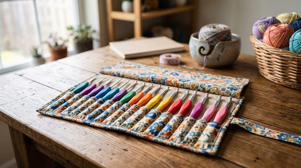Várias agulhas coloridas organizadas em um estojo sobre a mesa do ateliê para mostrar a variação do tamanho de agulha de crochê