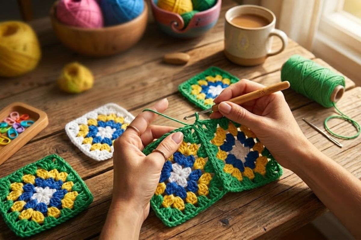 Mãos unindo squares de crochê (quadradinhos da vovó) nas cores verde, amarelo, azul e branco usando uma agulha de bambu sobre uma mesa rústica de madeira. Passo a passo de como unir squares de crochê com acabamento perfeito.