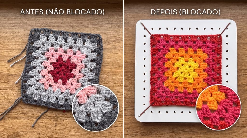Comparação de um square de crochê antes e depois do processo de blocagem de crochê, mostrando o alinhamento dos fios