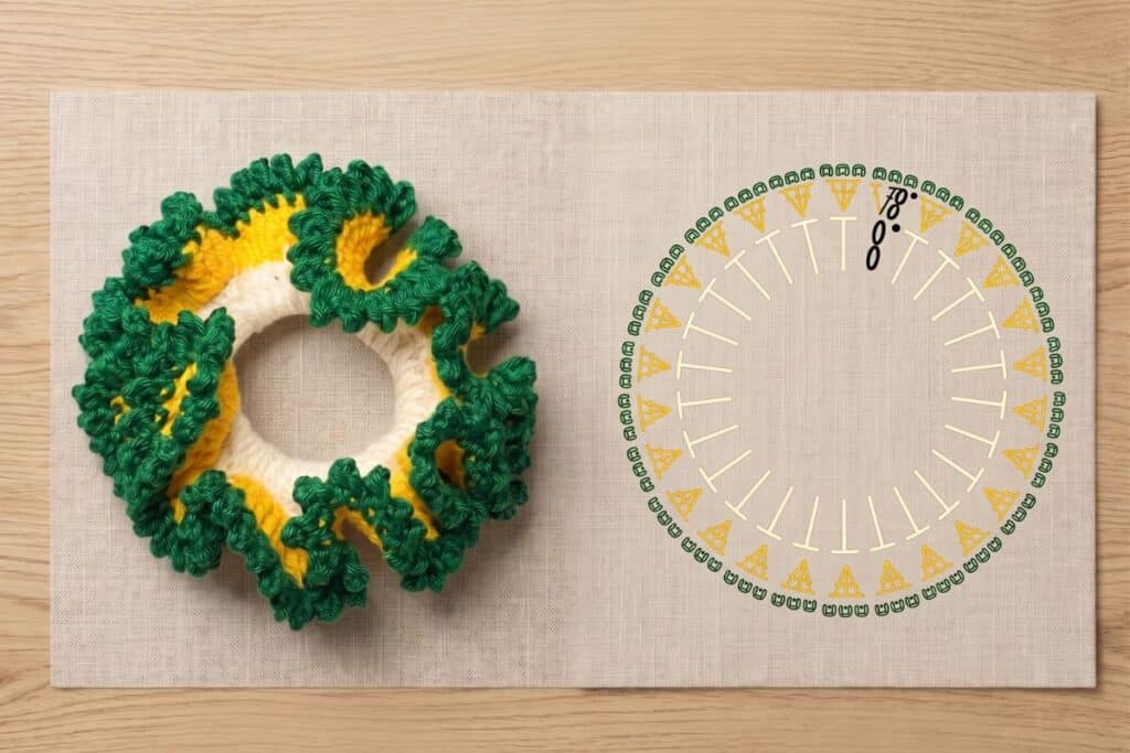 Passo a passo e gráfico de crochê para fazer uma xuxinha de cabelo ondulada nas cores verde e amarelo da seleção brasileira.