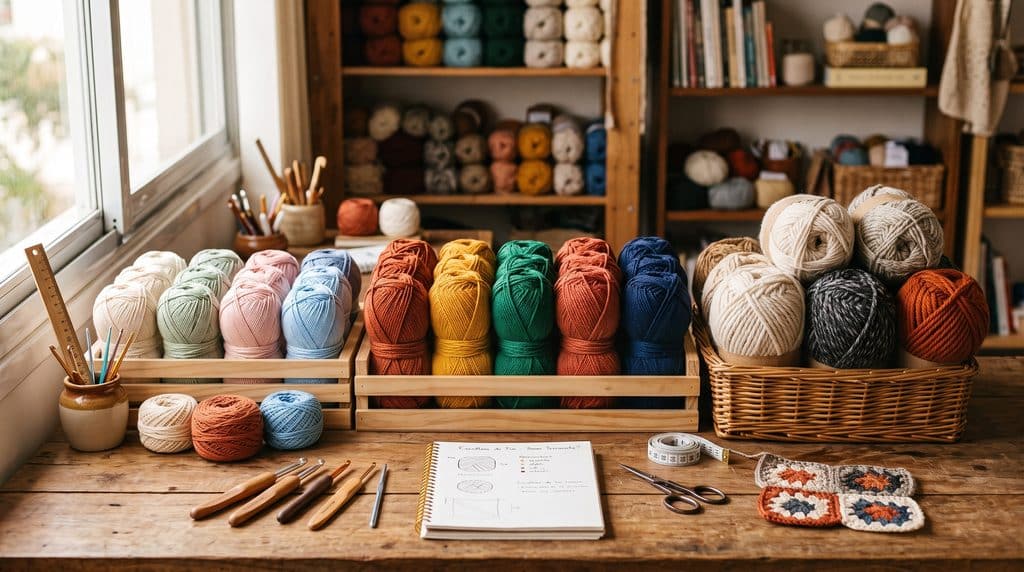 Novelos de várias espessuras e cores organizados na bancada do ateliê para ajudar a escolher a melhor linha para crochê