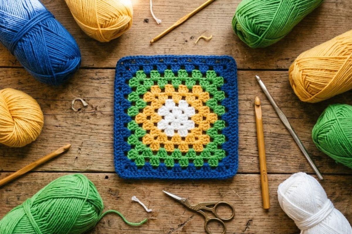 Um clássico quadradinho da vovó de crochê em cores vibrantes verde, amarelo e azul sobre uma mesa de madeira, ilustrando o passo a passo do square.