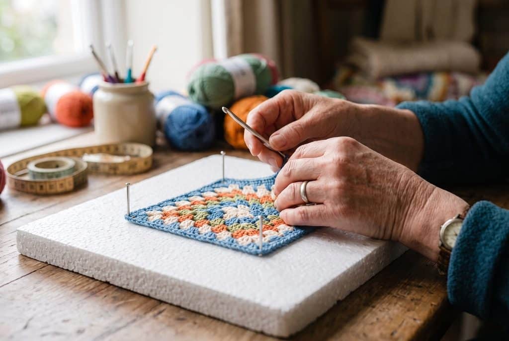 Detalhe das mãos de uma artesã esticando um square de crochê delicadamente sobre um blocador de madeira