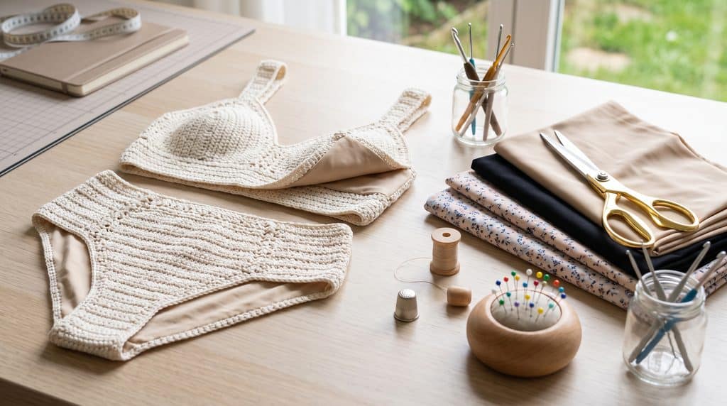 Mesa de ateliê com tesoura, alfinetes e recortes de forro para biquini de croche ao lado de peças finalizadas