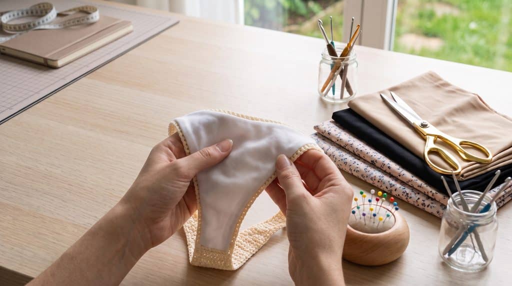 Artesã fazendo a dobra do tecido e aplicando costura invisível no forro para biquini de croche