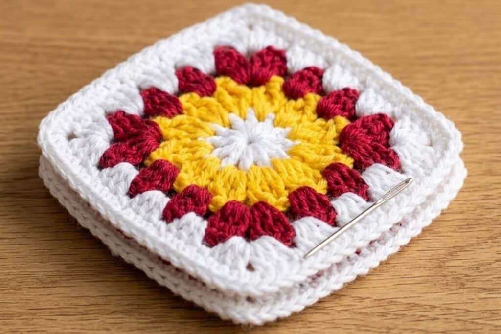 Detalhe aproximado e em alta resolução do Quadradinho de Flor nas cores bordô, amarelo e branco