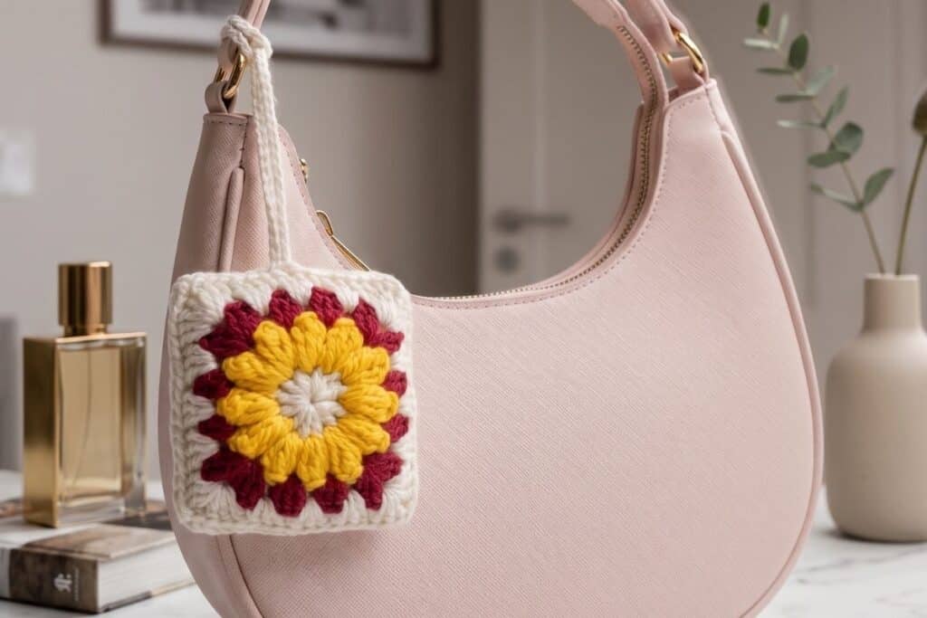 Bolsa feminina estruturada na cor rosa claro decorada com um charmoso Quadradinho de Flor pendurado na alça como acessório de moda