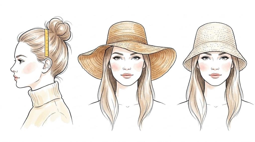Ilustração mostrando como medir a altura da copa do chapéu de crochê e bucket hat até 1 cm antes da orelha.
