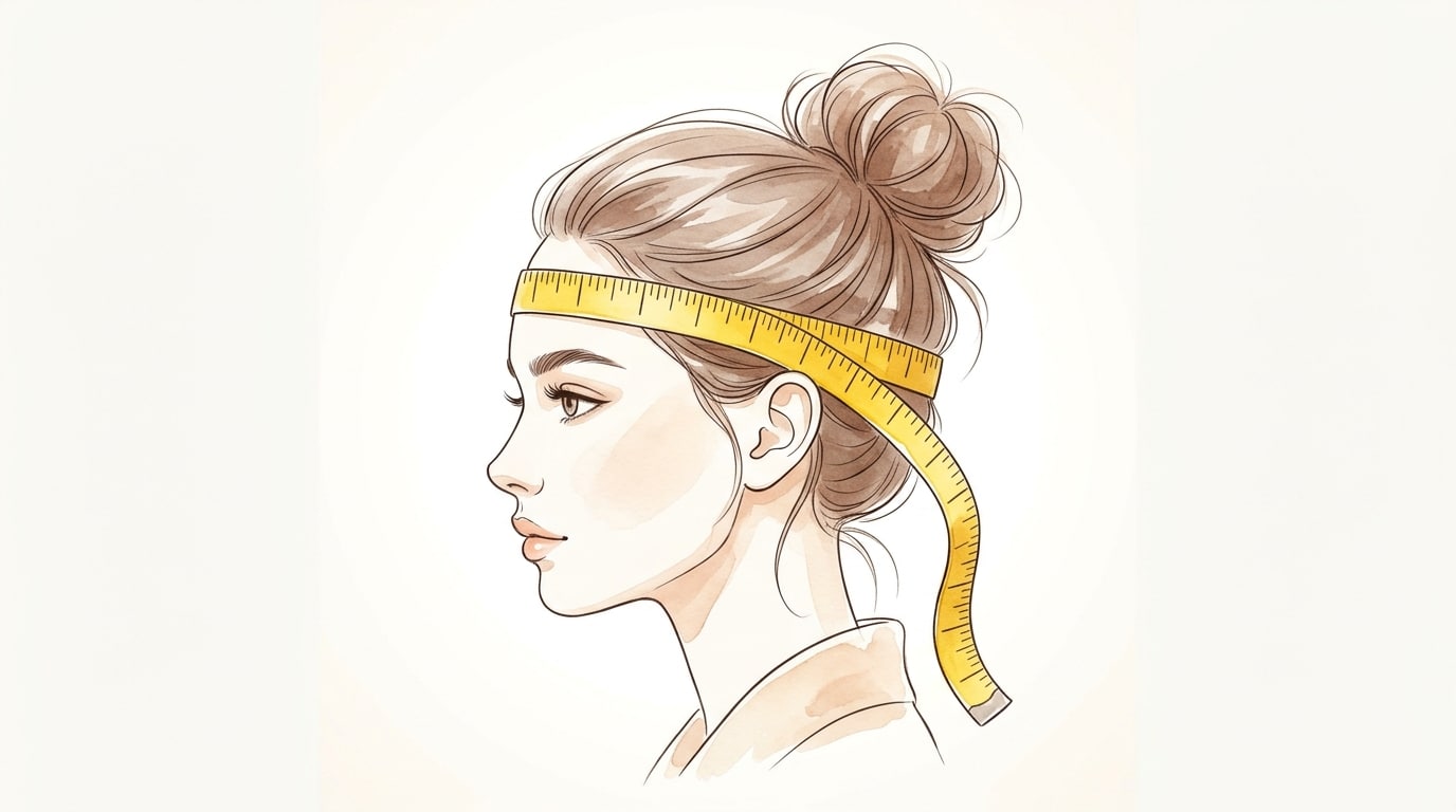 Ilustração delicada mostrando como medir a circunferência da cabeça com fita métrica para gorro de crochê.